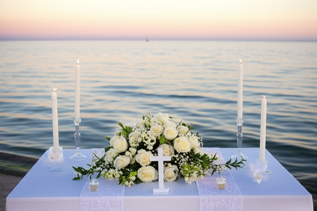 Masă de botez cu flori albe și lumânări