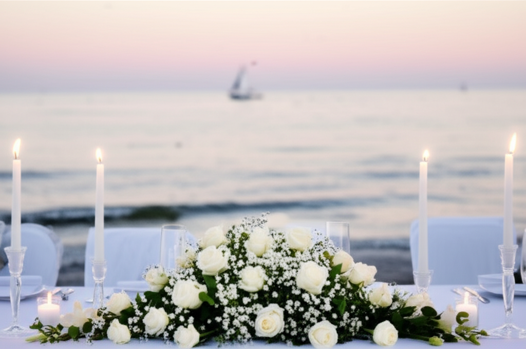 Decorațiuni pentru masa de botez cu flori albe și lumânări