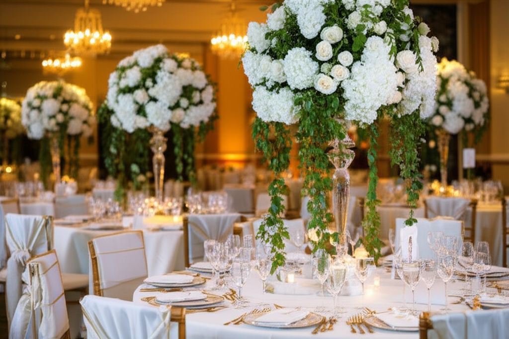 Sală de nuntă elegantă cu aranjamente florale