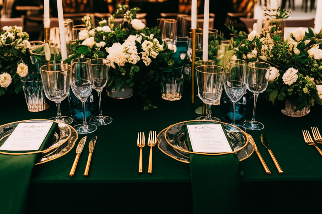 Masă de nuntă elegantă cu aranjamente florale verzi și albe, accente aurii