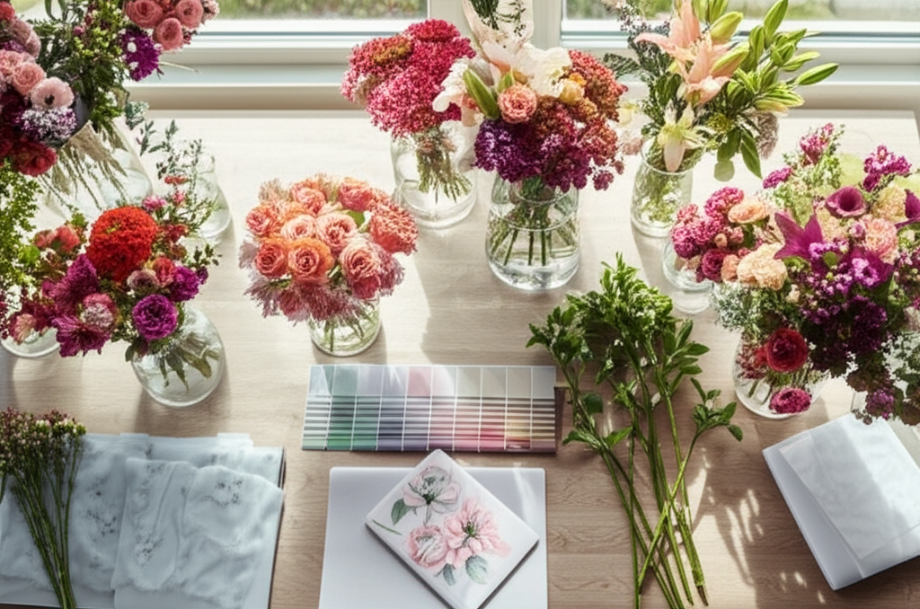 Spațiu de lucru floral cu mostre și materiale pentru consultanță