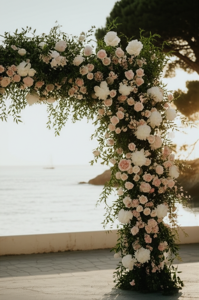 Arcadă florală elegantă pentru nuntă la intrarea în sală