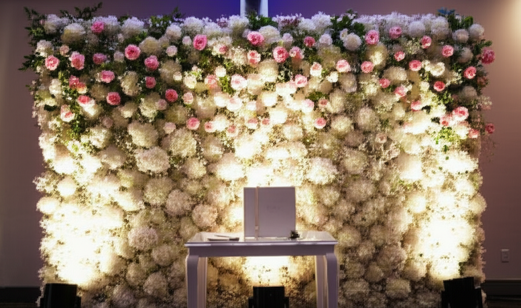 Colț foto cu fundal floral pentru nuntă