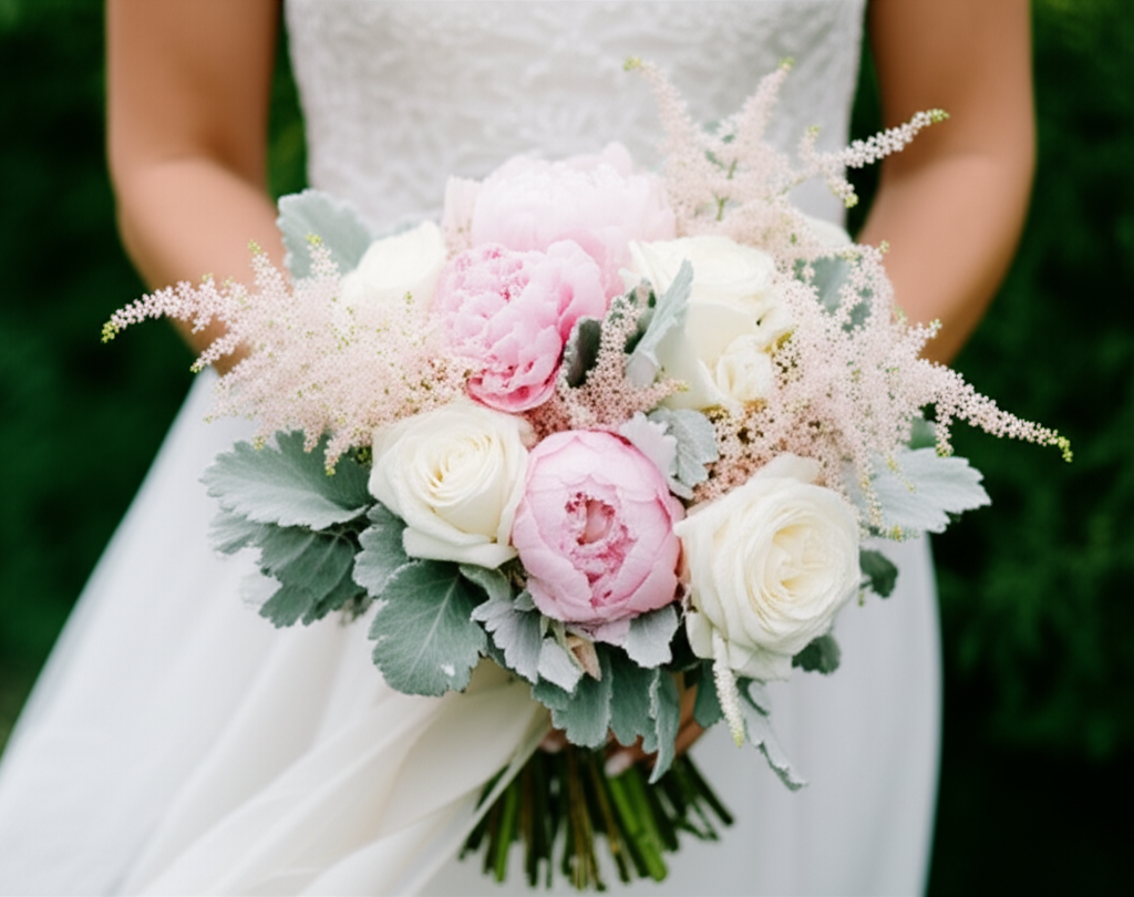 Buchet de mireasă cu flori albe și blush